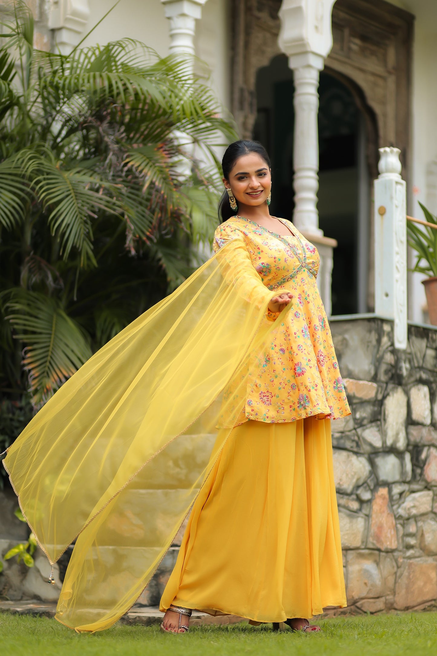 Chrome Yellow Dola Silk Floral Printed Peplum Top Set With Embellishments