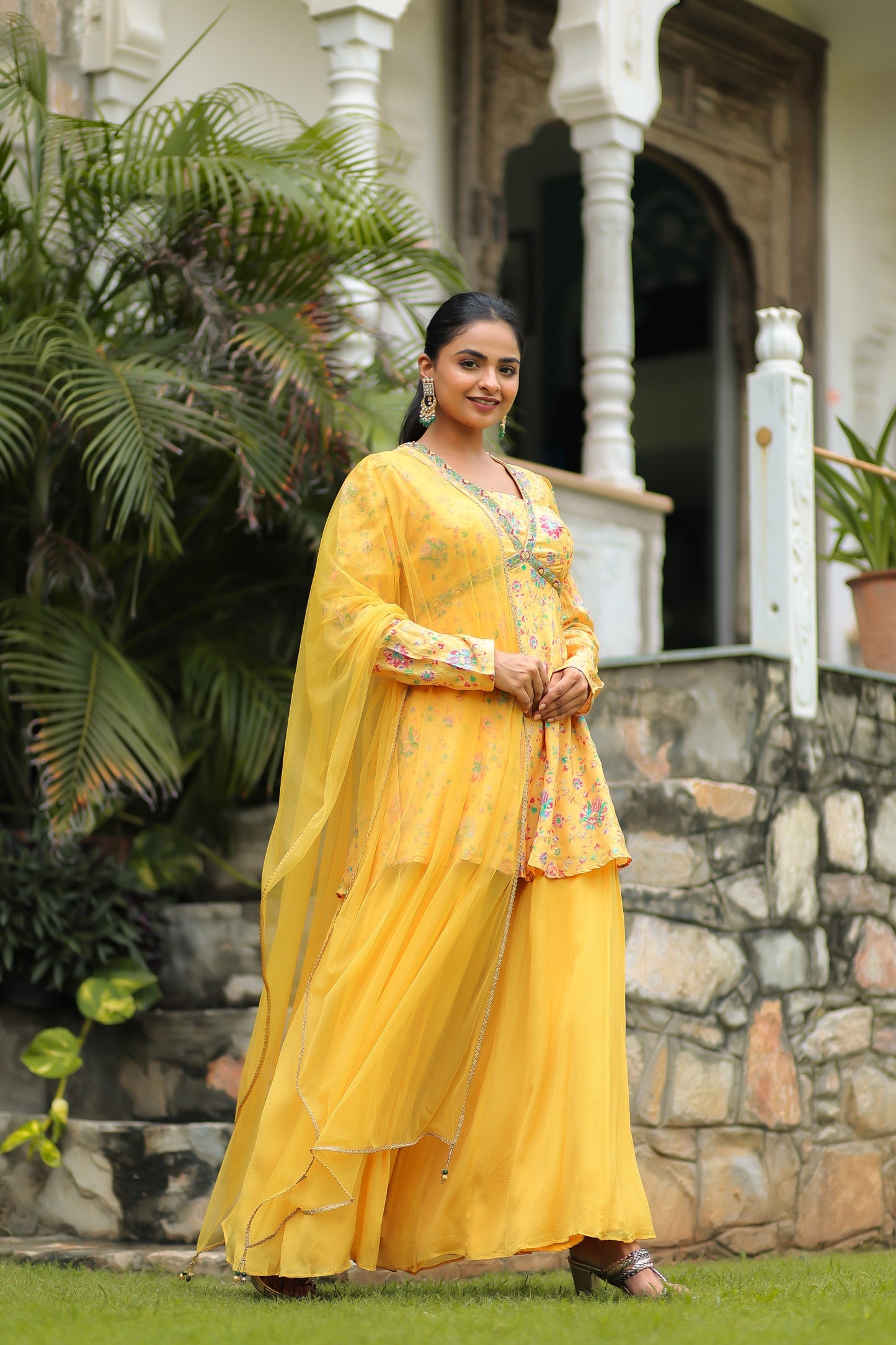 Chrome Yellow Dola Silk Floral Printed Peplum Top Set With Embellishments
