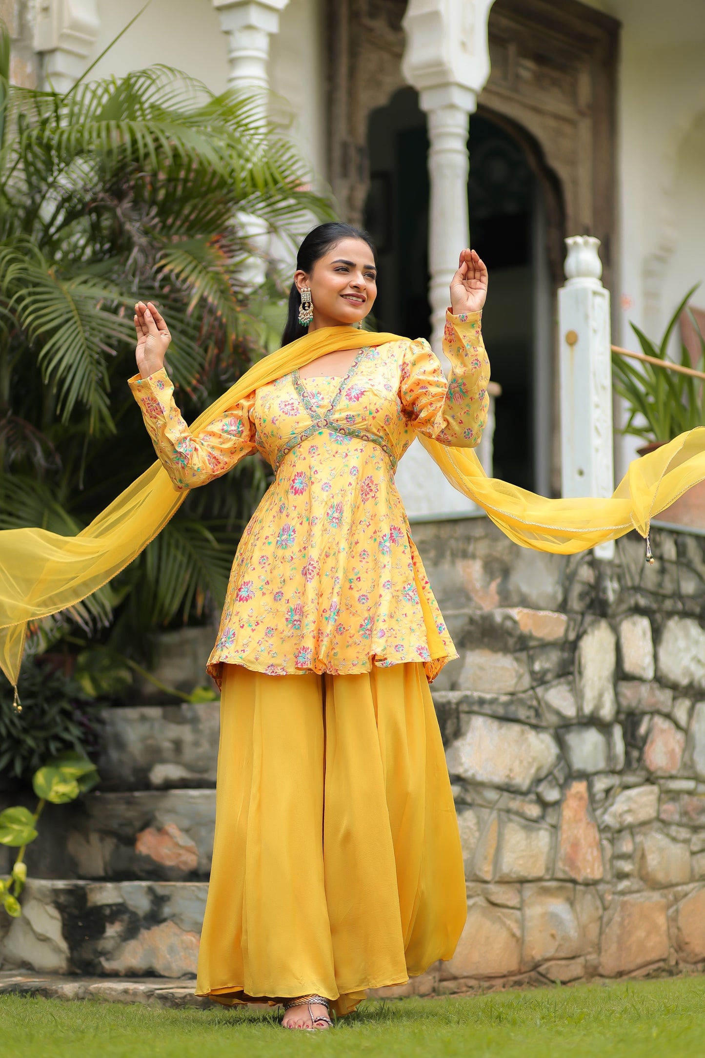 Chrome Yellow Dola Silk Floral Printed Peplum Top Set With Embellishments