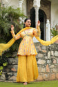 Chrome Yellow Dola Silk Floral Printed Peplum Top Set With Embellishments