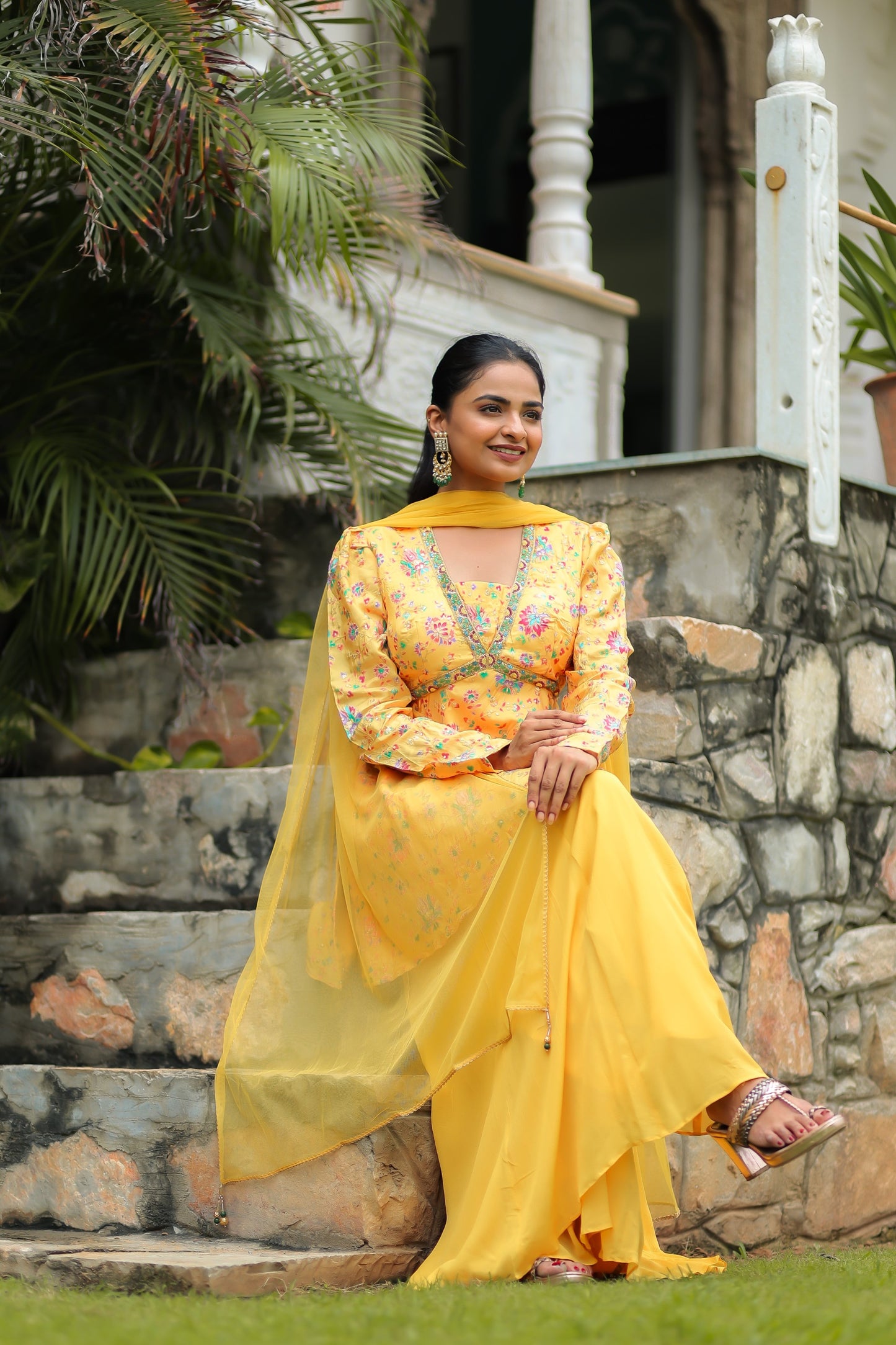 Chrome Yellow Dola Silk Floral Printed Peplum Top Set With Embellishments