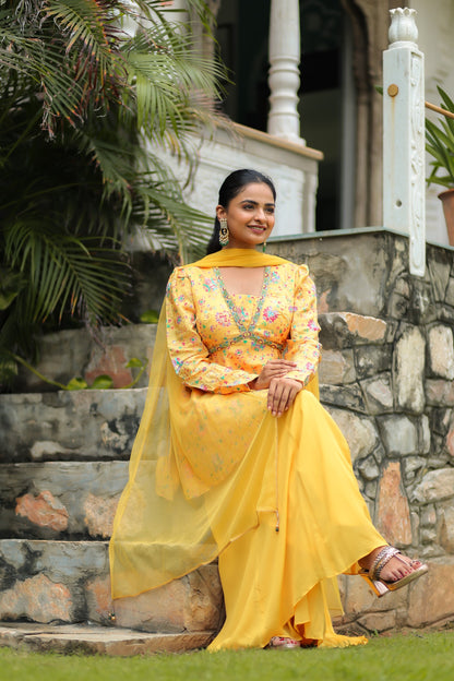 Chrome Yellow Dola Silk Floral Printed Peplum Top Set With Embellishments