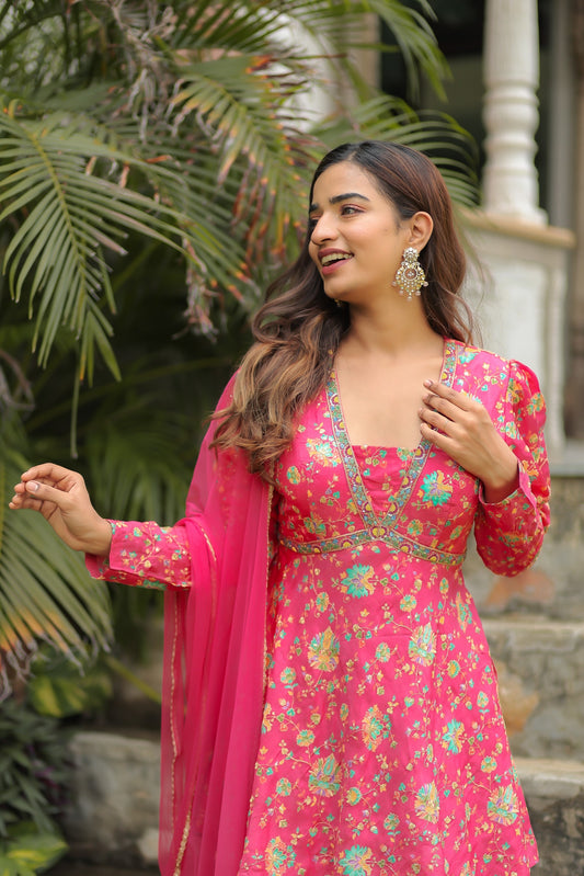 Pink Dola Silk Floral Printed Peplum Top Set With Embellishments