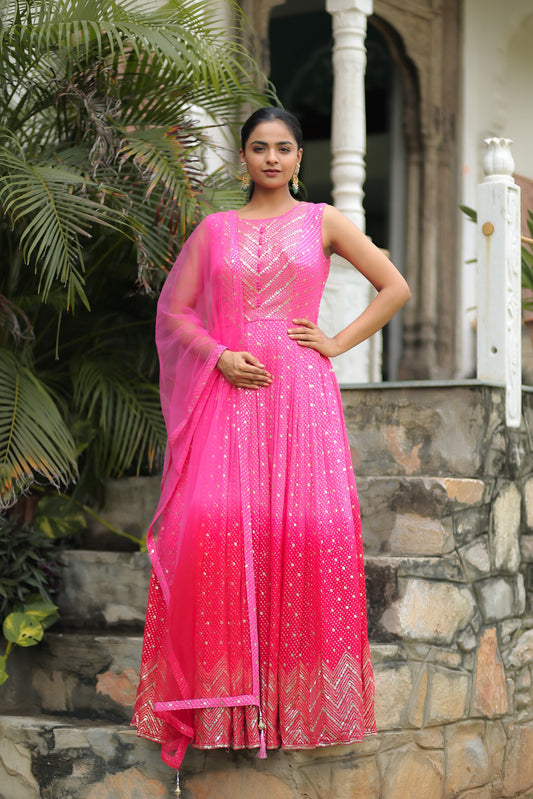 Ombre Pink Georgette Anarkali Set With Embellishments