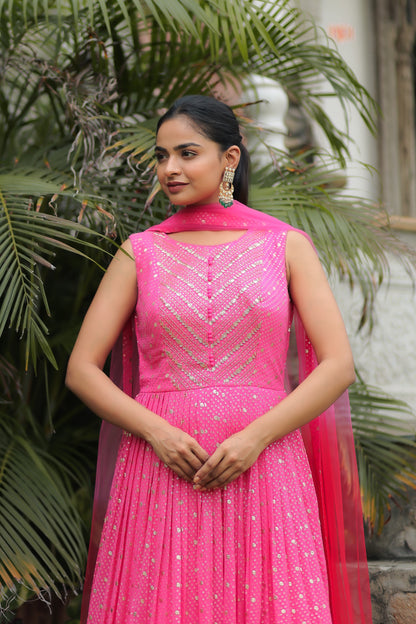 Ombre Pink Georgette Anarkali Set With Embellishments
