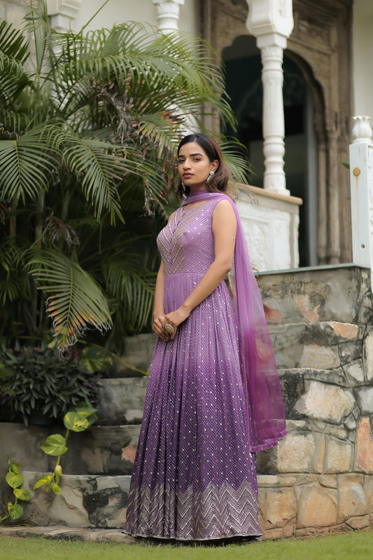 Ombre Purple Georgette Anarkali Set With Embellishments