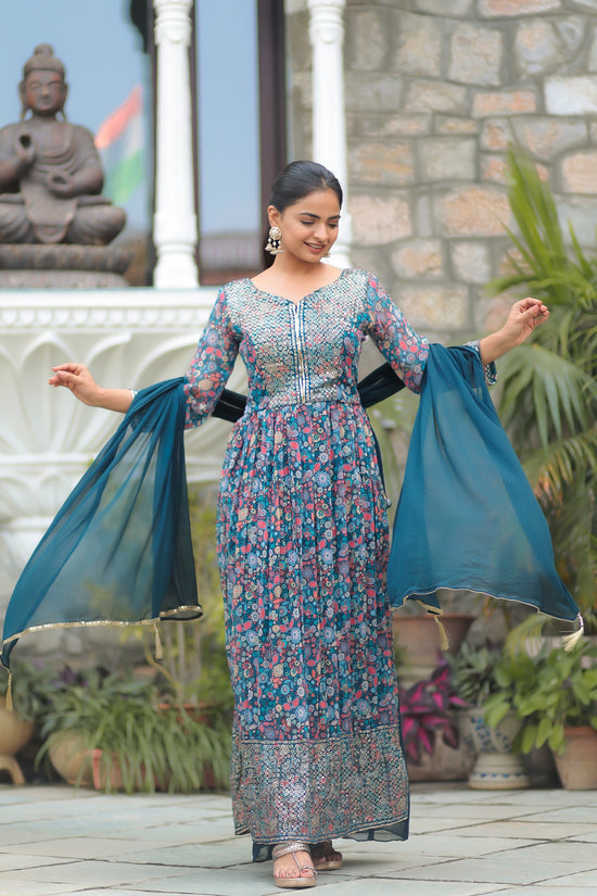 Ocean Blue Floral Printed Georgette Side Slit Kurta With Plazzo And Dupatta