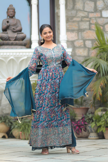 Ocean Blue Floral Printed Georgette Side Slit Kurta With Plazzo And Dupatta