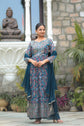 Ocean Blue Floral Printed Georgette Side Slit Kurta With Plazzo And Dupatta