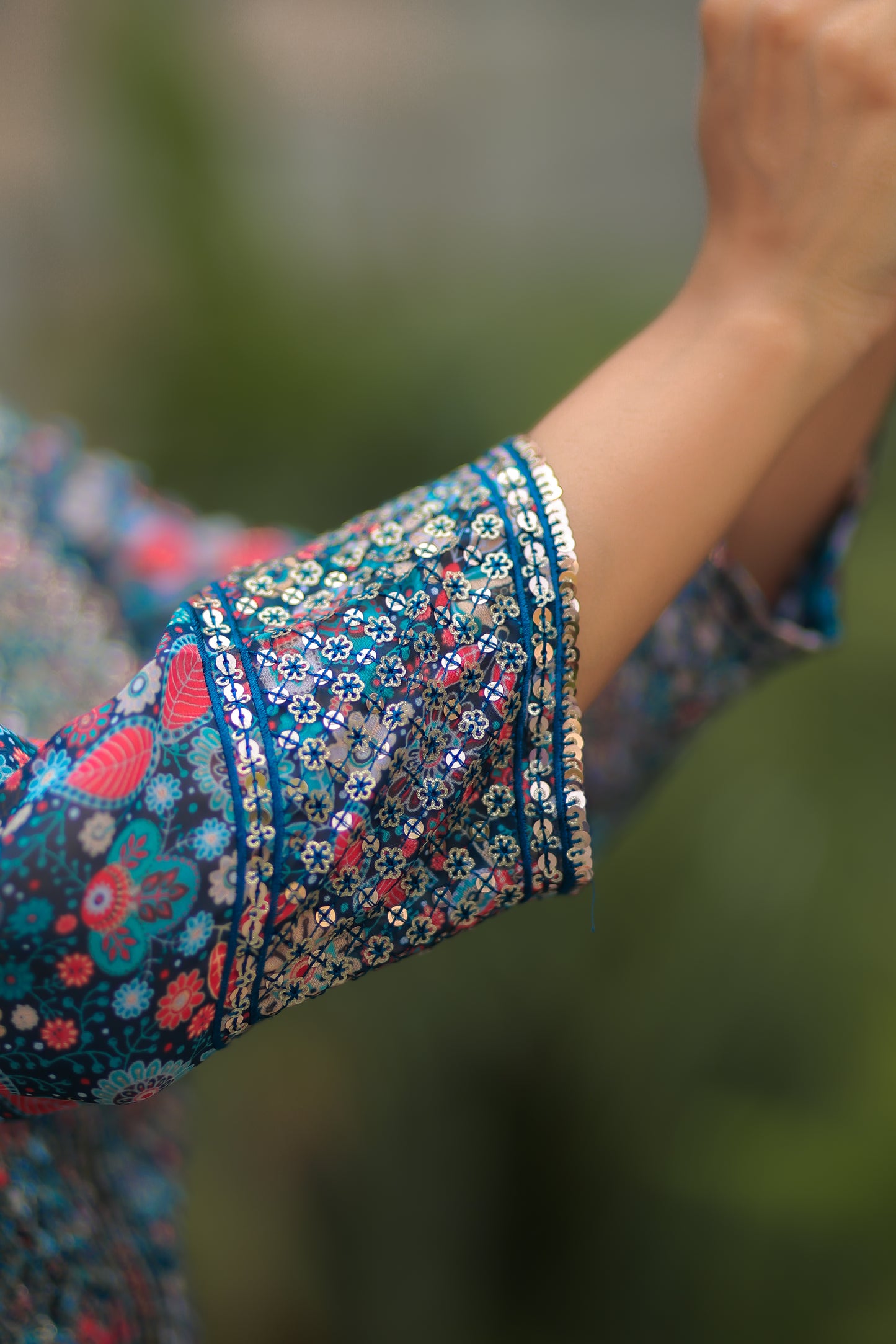 Ocean Blue Floral Printed Georgette Side Slit Kurta With Plazzo And Dupatta