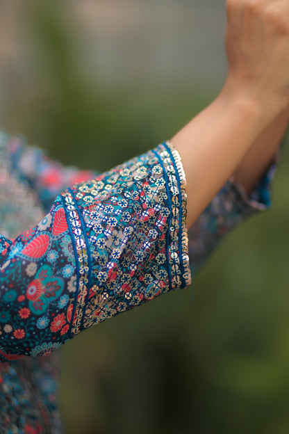 Ocean Blue Floral Printed Georgette Side Slit Kurta With Plazzo And Dupatta