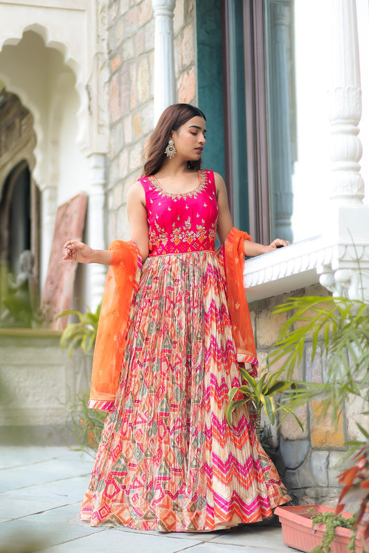 Pink Multi-Color Printed Anarkali Set