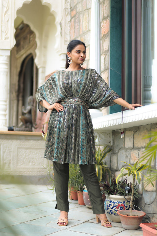 Bottle Green Printed Georgette Top And Pant Set With Embellishment