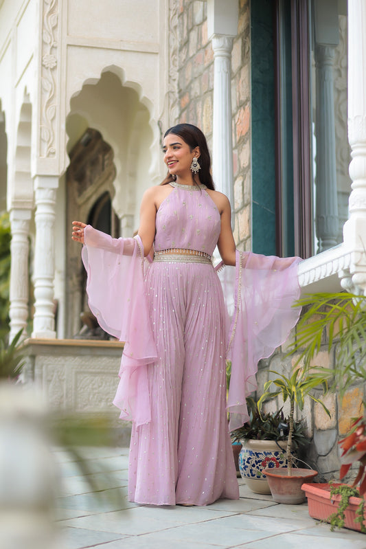 Light Purple Halter Neck Crop Top With Plazzo And Dupatta