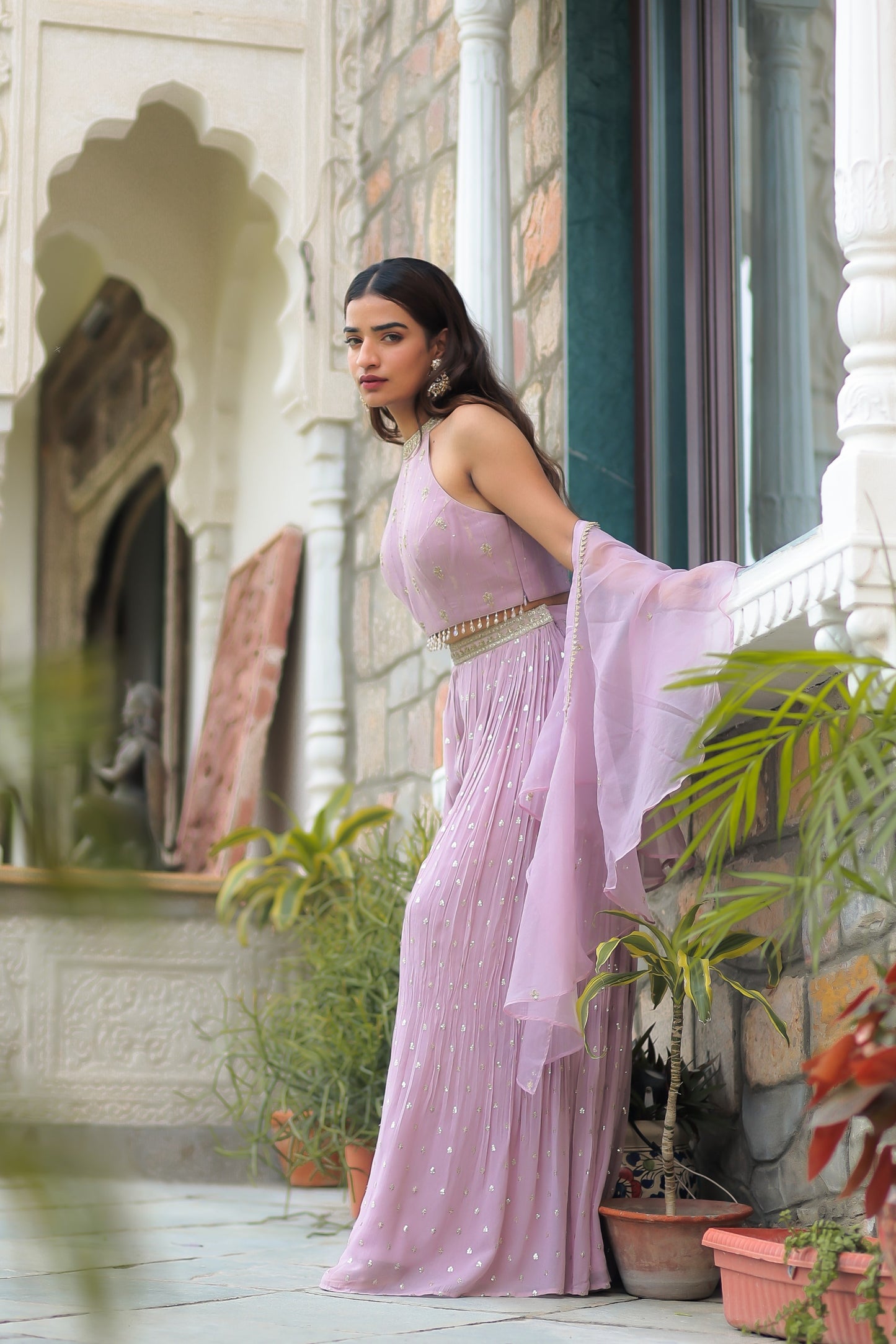 Light Purple Halter Neck Crop Top With Plazzo And Dupatta