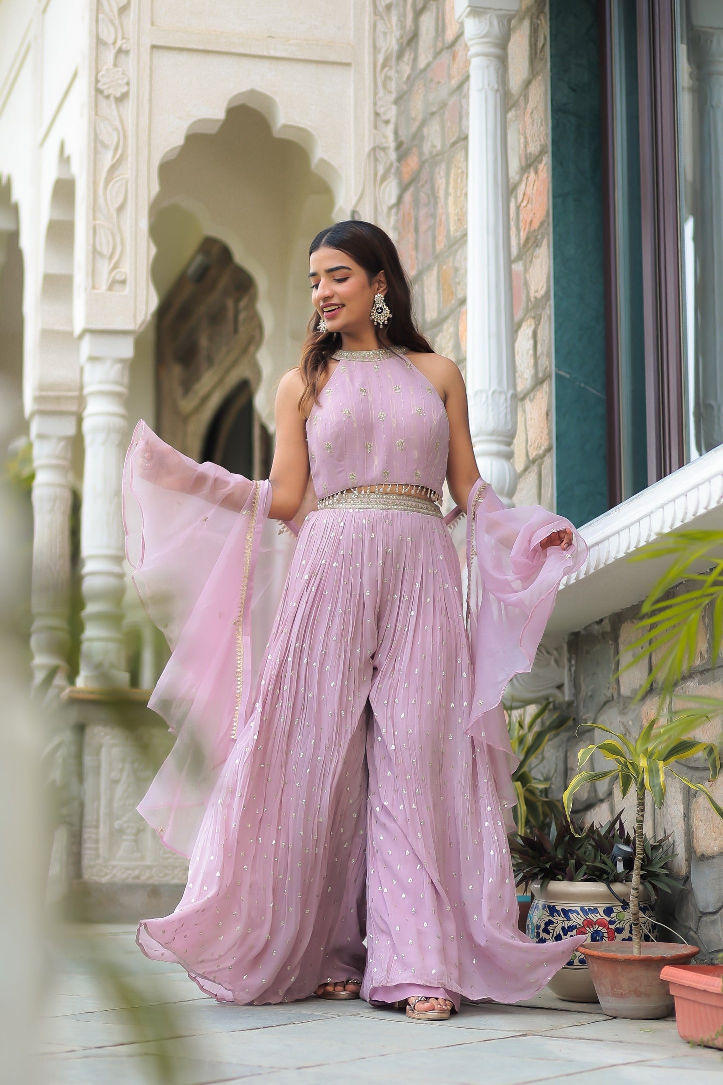 Light Purple Halter Neck Crop Top With Plazzo And Dupatta
