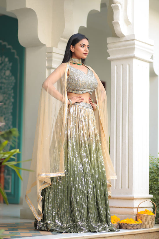 Beige And Green Shaded Sequnis Skirt With Crop Top And Dupatta