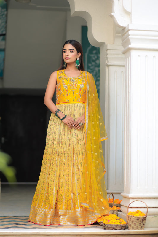 Daffodil Yellow Flowy Dress In Chinon With Floral Print And Embellishment