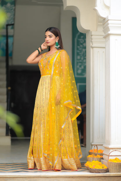 Daffodil Yellow Flowy Dress In Chinon With Floral Print And Embellishment