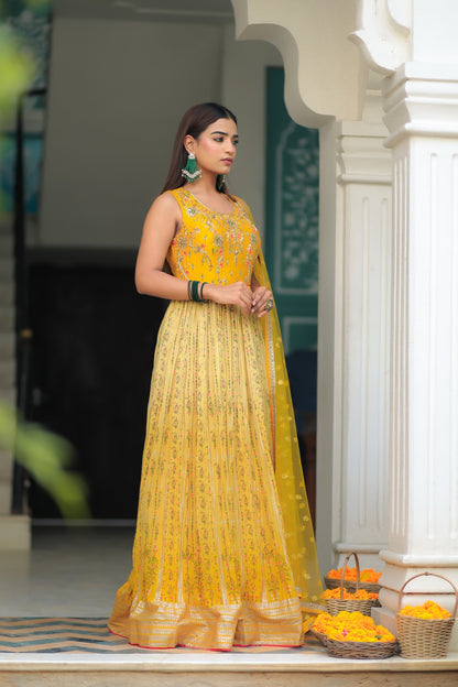 Daffodil Yellow Flowy Dress In Chinon With Floral Print And Embellishment