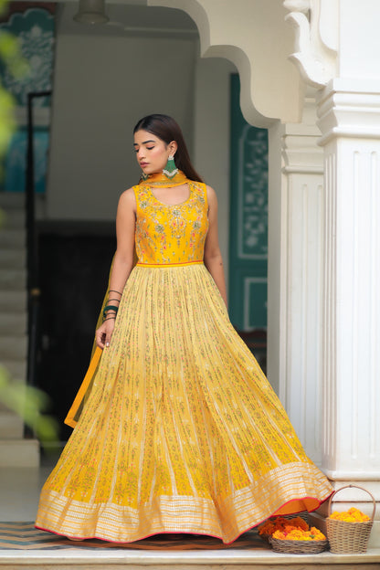 Daffodil Yellow Flowy Dress In Chinon With Floral Print And Embellishment