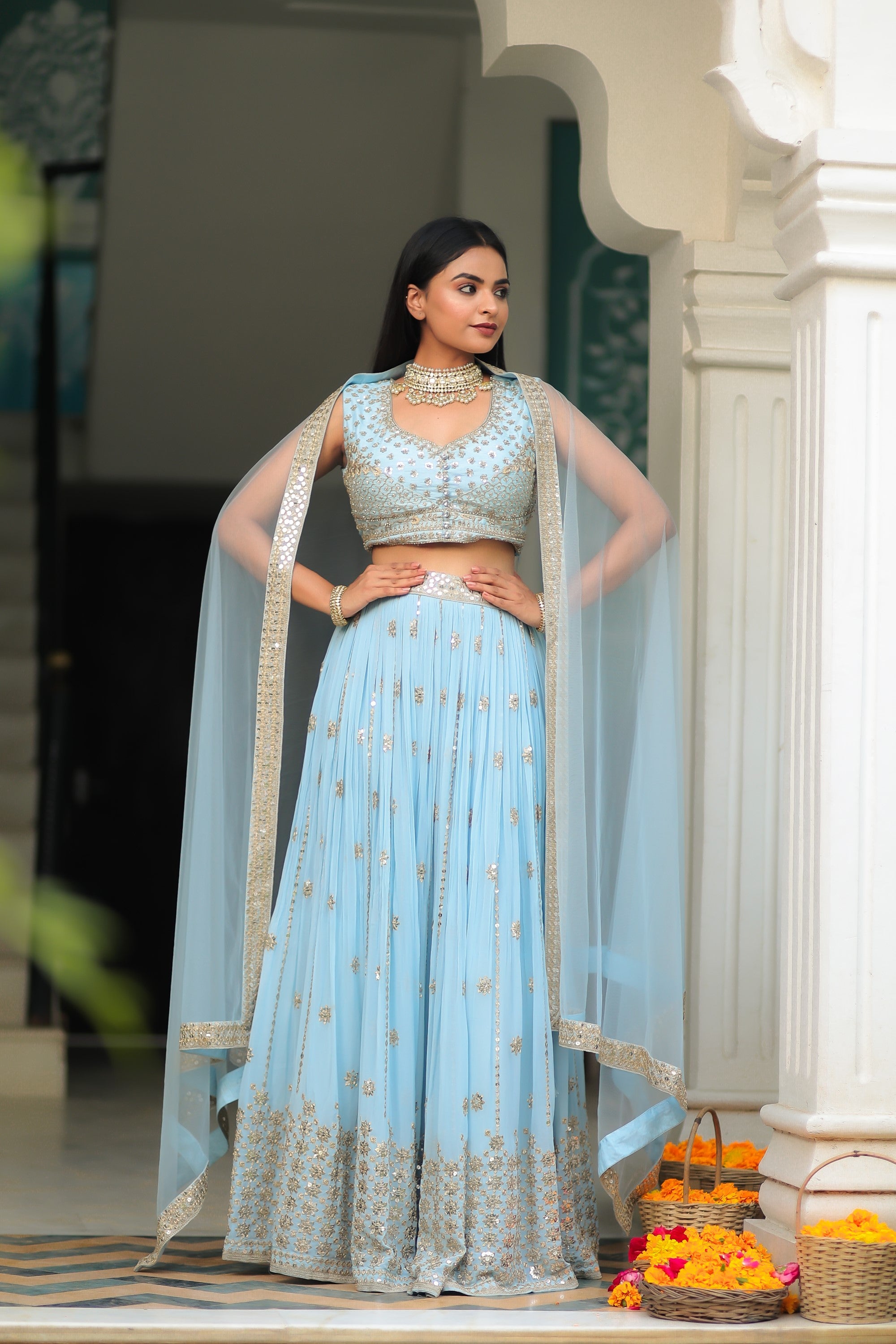 Baby Blue Georgette Zari And Sequin Embellished Crop Top With Skirt And Dupatta