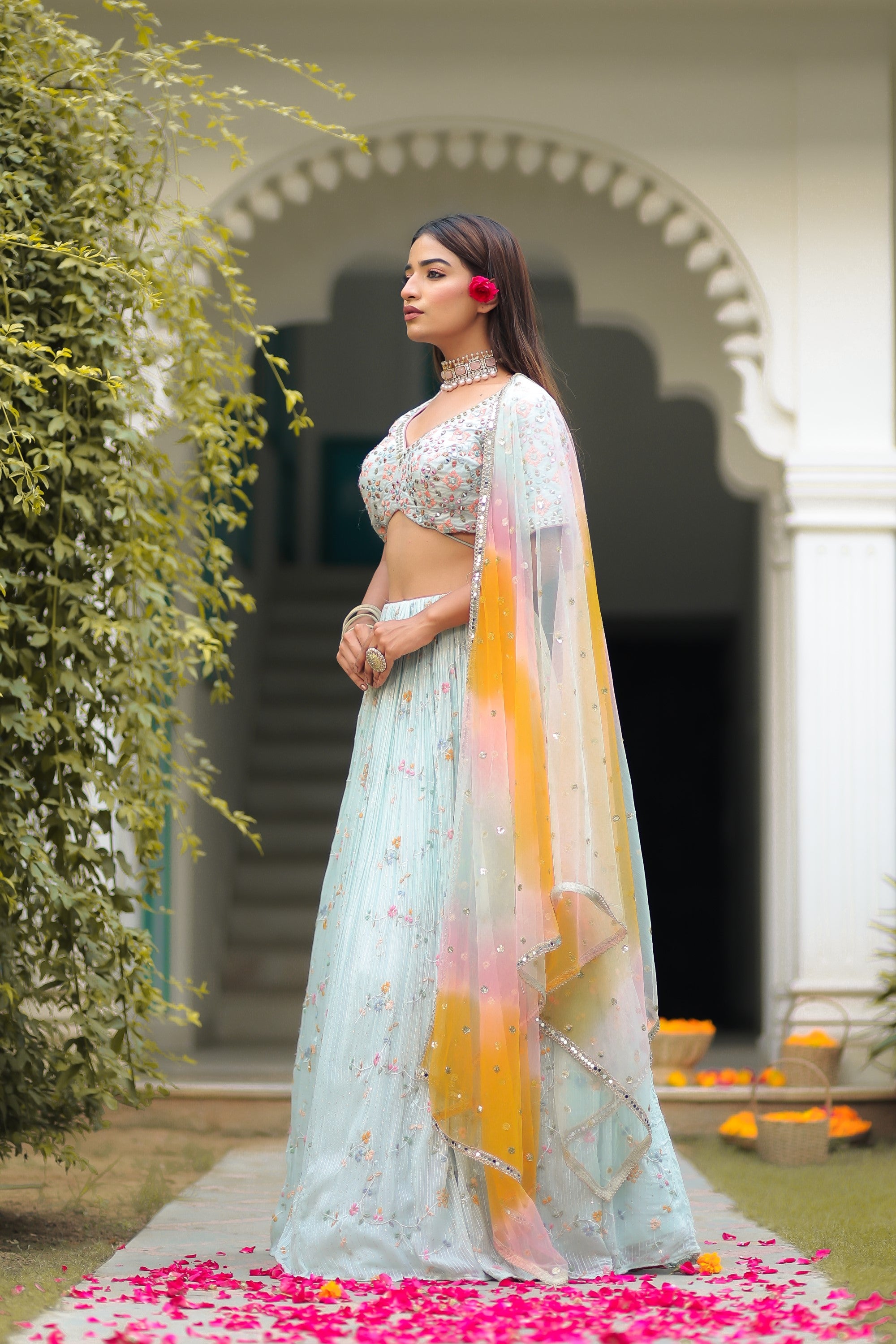 Flamboyant Yellow-Pink Colored Bridal wear Embroidered Lehen