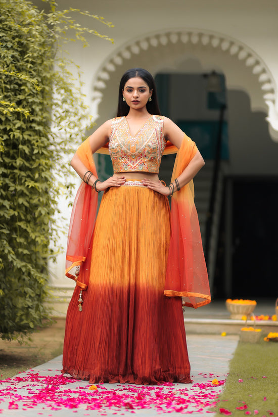 Rust And Fire Orange Shaded Skirt  With Crop Top And Dupatta