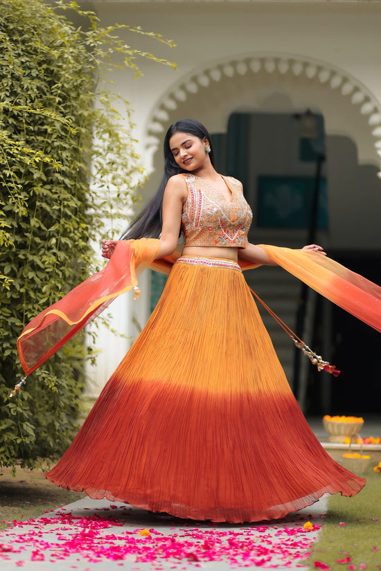 Rust And Fire Orange Shaded Skirt  With Crop Top And Dupatta