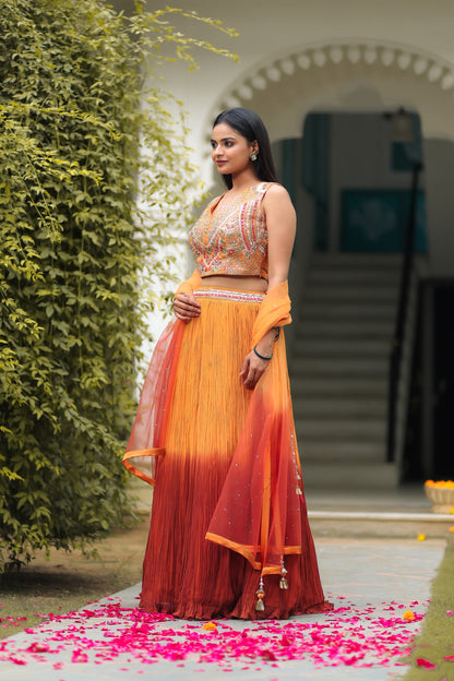 Rust And Fire Orange Shaded Skirt  With Crop Top And Dupatta