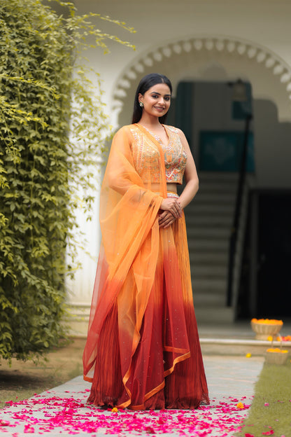 Rust And Fire Orange Shaded Skirt  With Crop Top And Dupatta