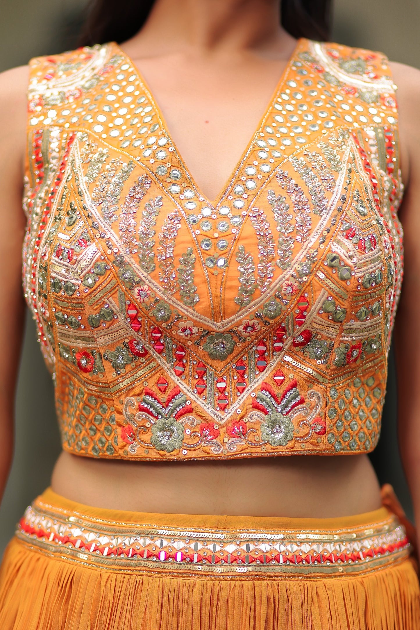 Rust And Fire Orange Shaded Skirt  With Crop Top And Dupatta