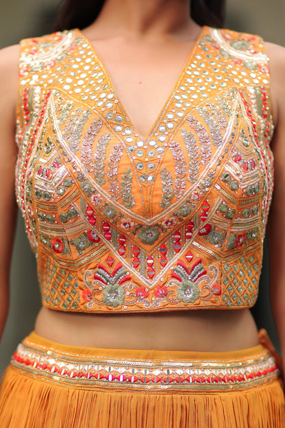 Rust And Fire Orange Shaded Skirt  With Crop Top And Dupatta