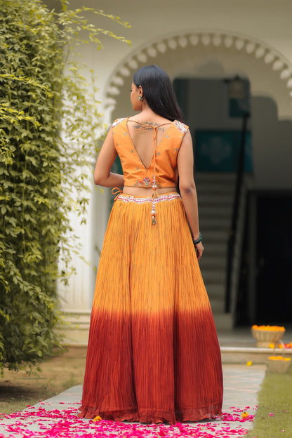 Rust And Fire Orange Shaded Skirt  With Crop Top And Dupatta