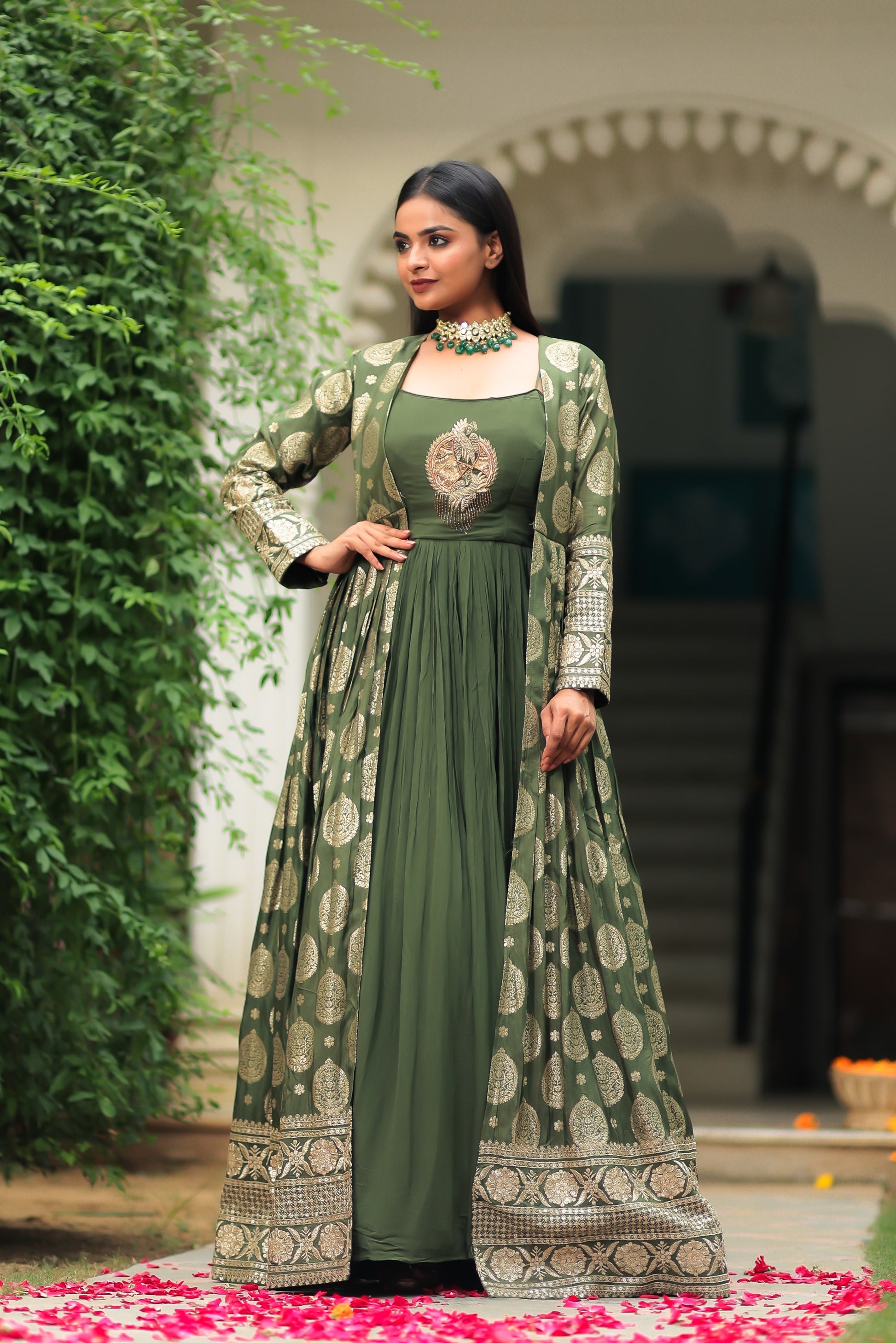 Olive Green Georgette Gown With BanarasI Jacket