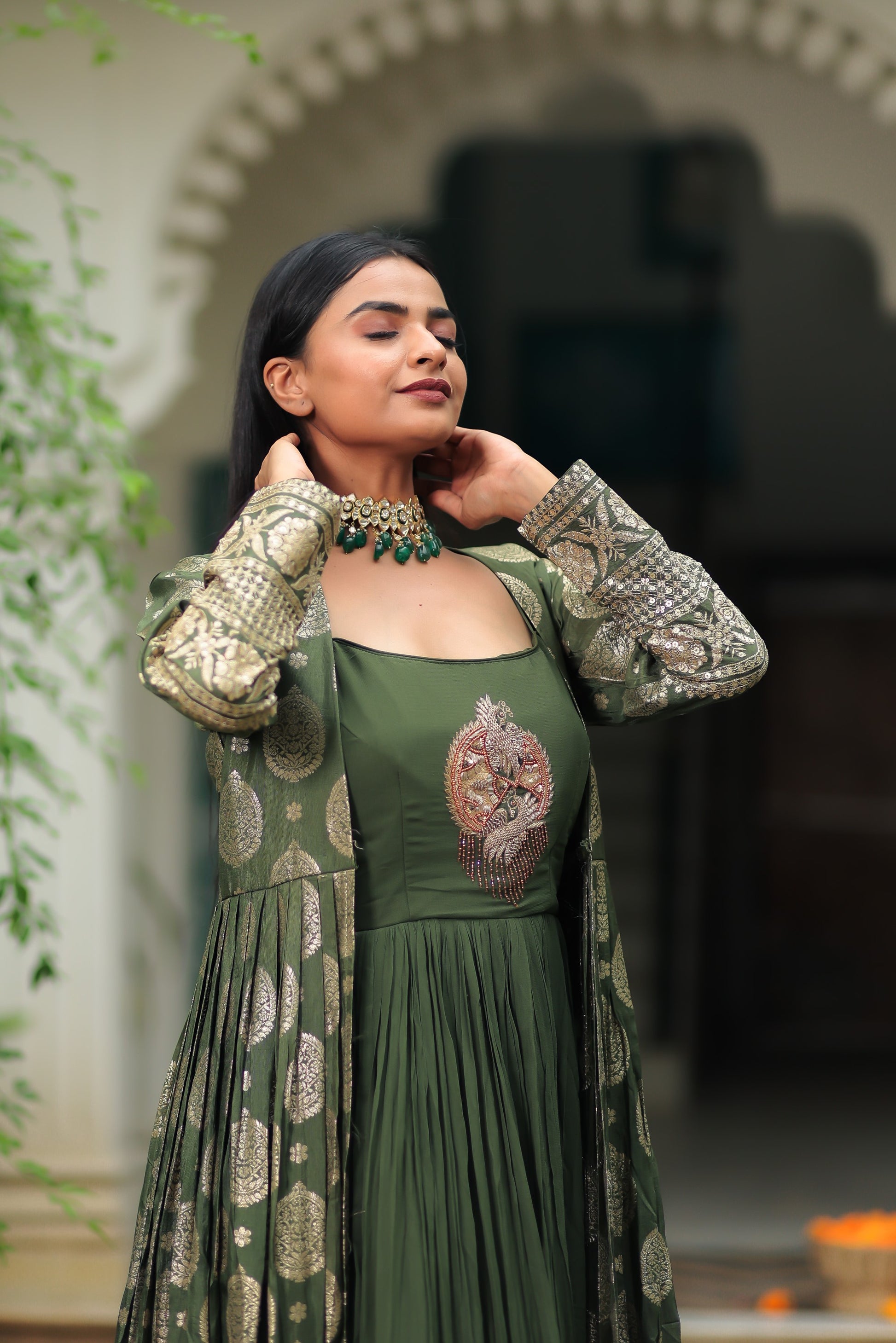Olive Green Georgette Gown With BanarasI Jacket Aari Tari Olive Green Georgette Gown With BanarasI Jacket Aari Tari