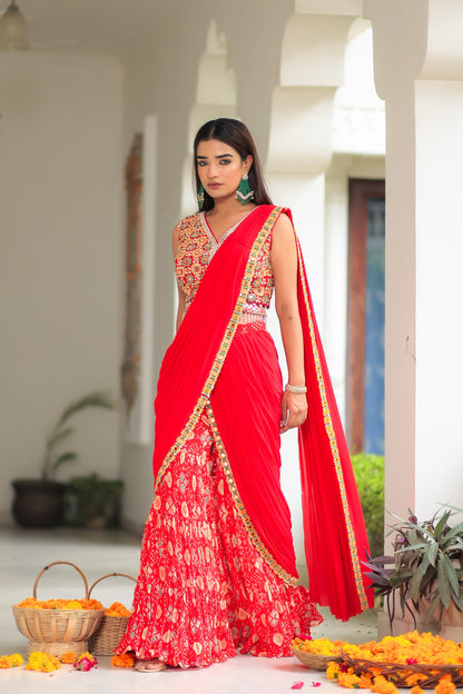Red Georgette Patola Print Sharara With A Drape And Blouse