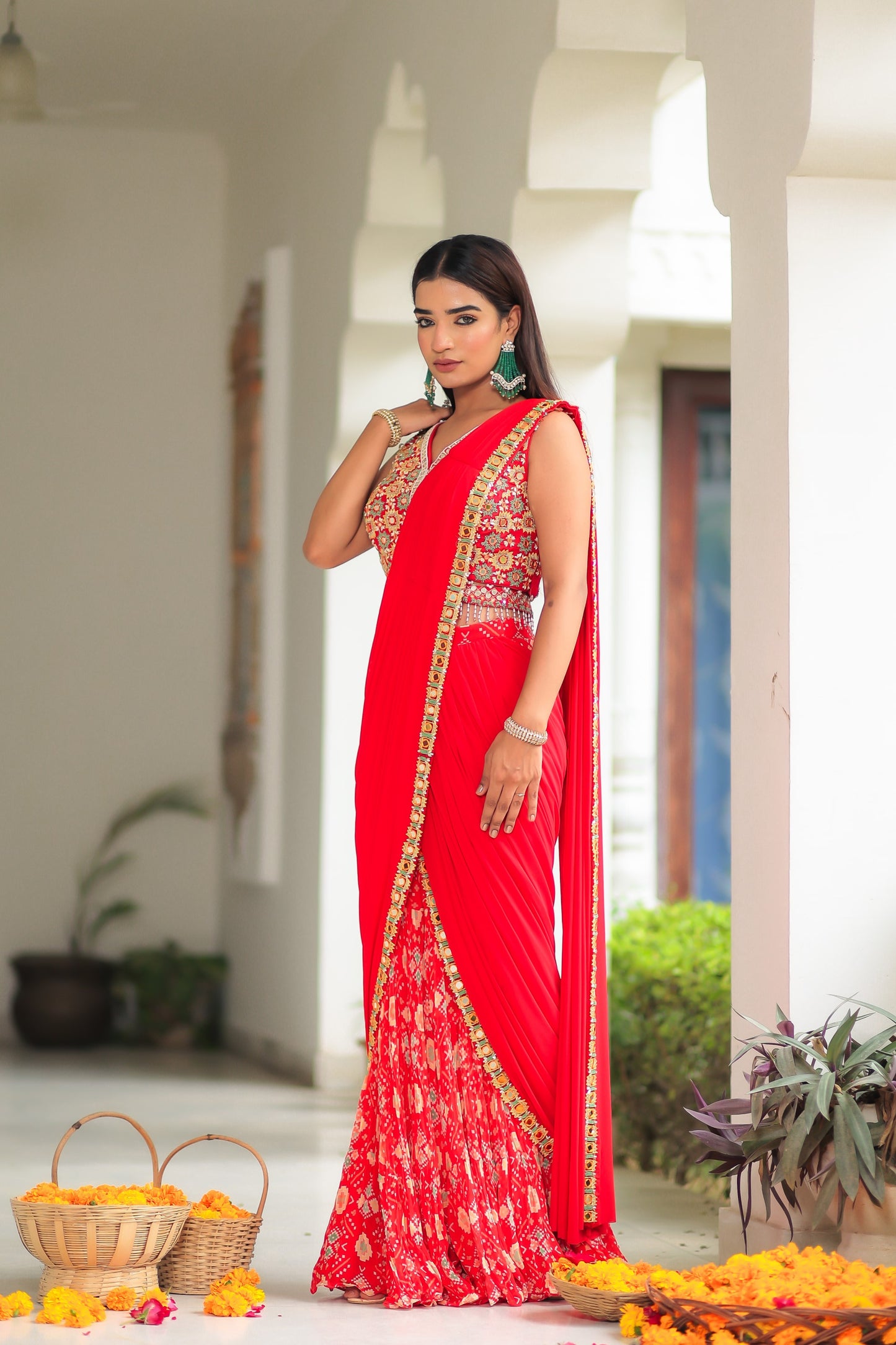 Red Georgette Patola Print Sharara With A Drape And Blouse