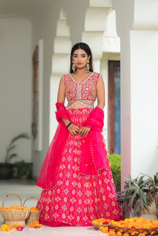 Pink Georgette Patola Print Skirt With Blouse And Dupatta