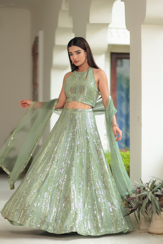 Pistachio Green Sequin Halter Nack Crop Top Set