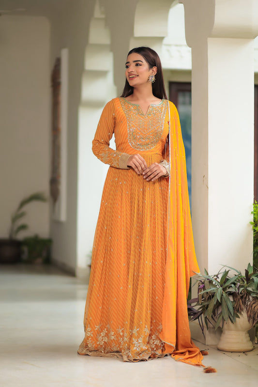 Honey Orange Leheriya Flared Gown Set