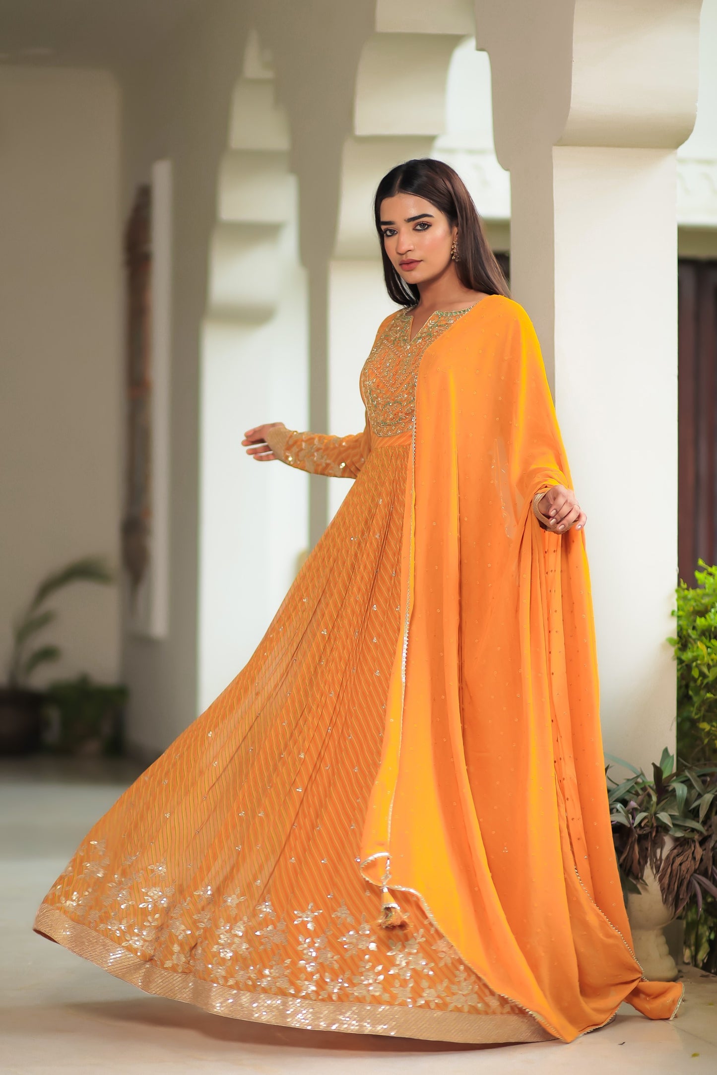 Honey Orange Leheriya Flared Gown Set