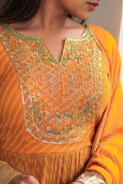 Honey Orange Leheriya Flared Gown Set