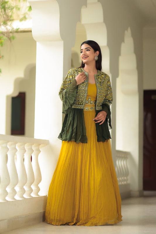 Corn Yellow Crop Top Skirt With Sap Green Jacket