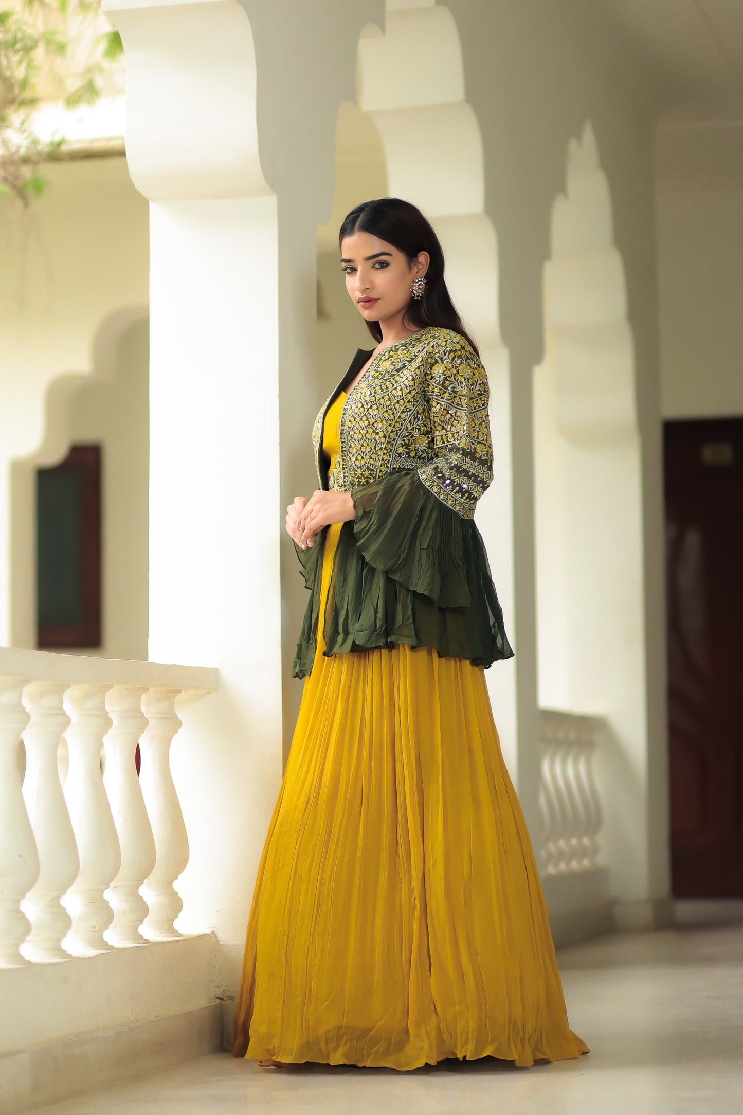 Corn Yellow Crop Top Skirt With Sap Green Jacket