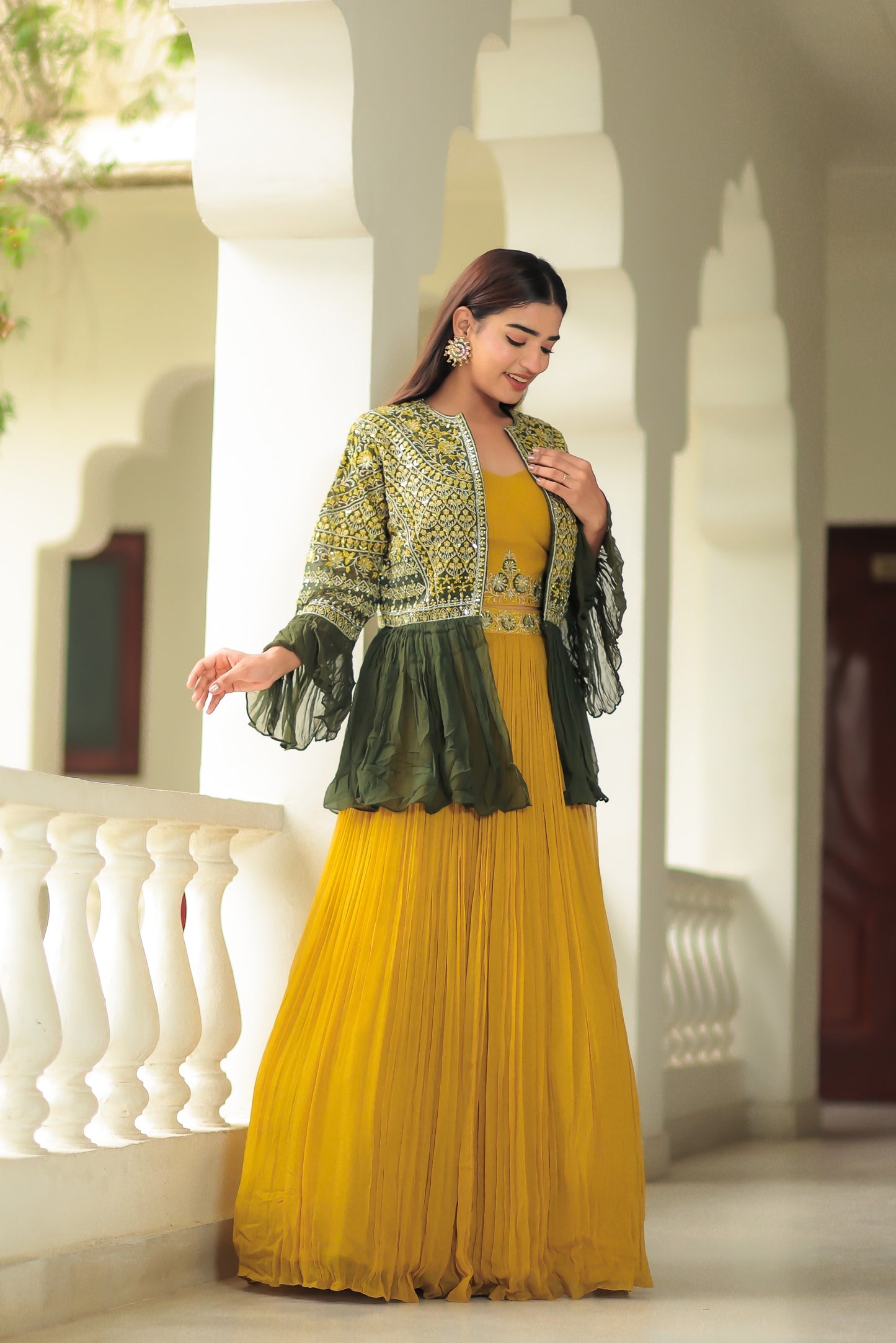 Corn Yellow Crop Top Skirt With Sap Green Jacket