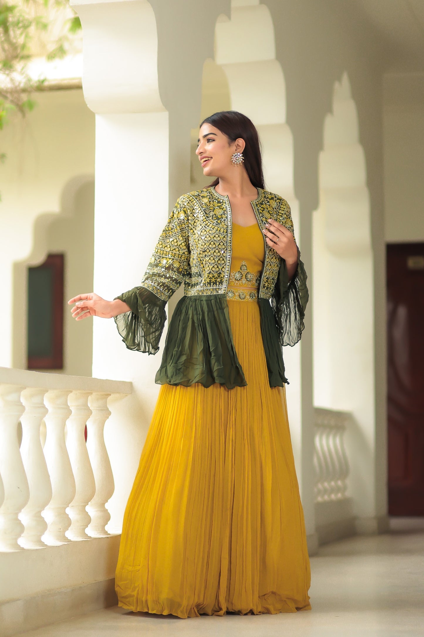 Corn Yellow Crop Top Skirt With Sap Green Jacket