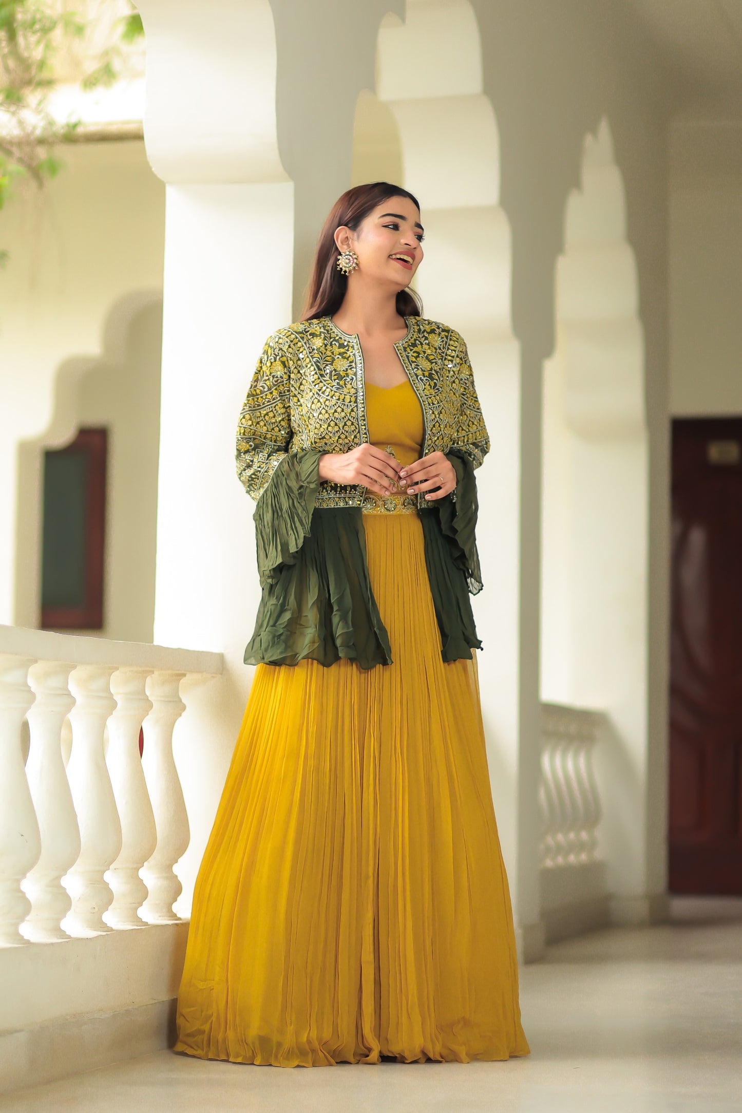 Corn Yellow Crop Top Skirt With Sap Green Jacket