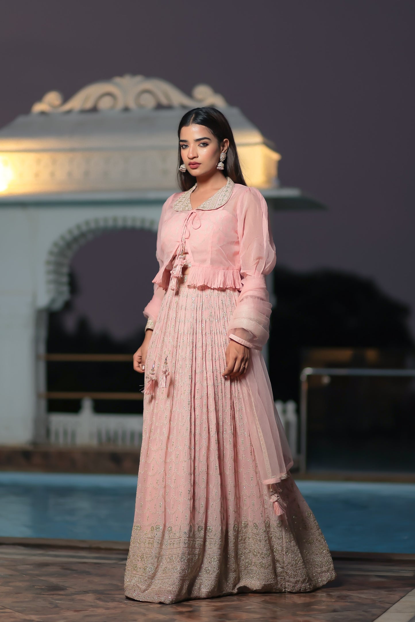 Baby Pink Skirt Crop Top Set With Zari Embroidery And Cropped Jacket