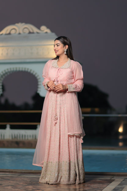 Baby Pink Skirt Crop Top Set With Zari Embroidery And Cropped Jacket